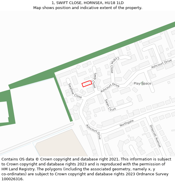 1, SWIFT CLOSE, HORNSEA, HU18 1LD: Location map and indicative extent of plot