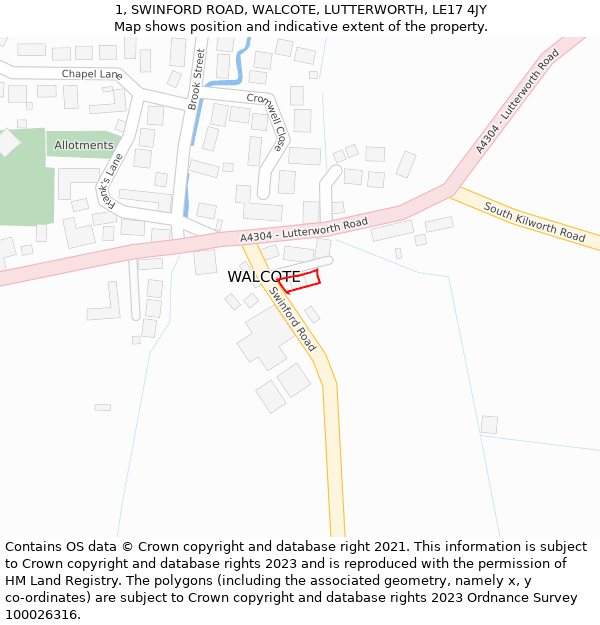 1, SWINFORD ROAD, WALCOTE, LUTTERWORTH, LE17 4JY: Location map and indicative extent of plot