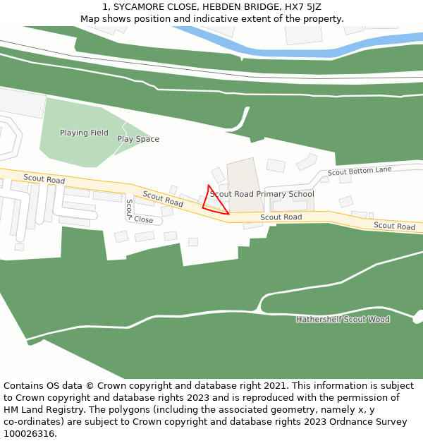 1, SYCAMORE CLOSE, HEBDEN BRIDGE, HX7 5JZ: Location map and indicative extent of plot