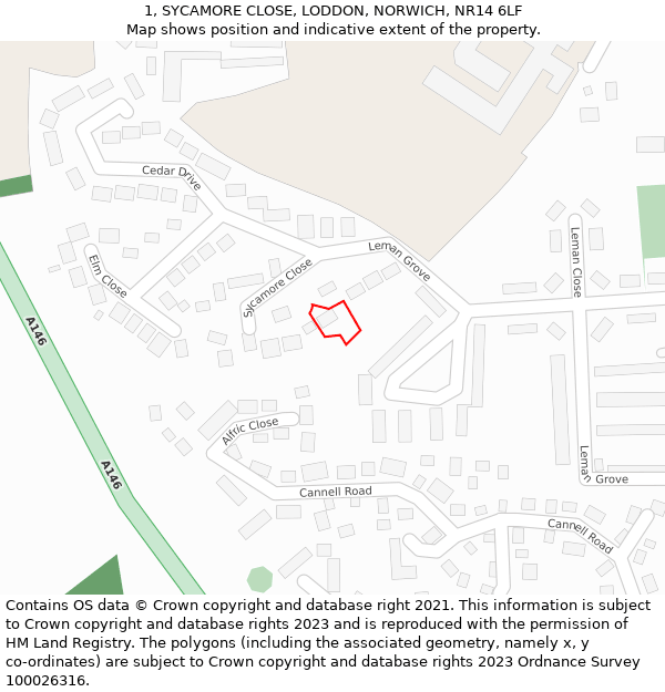 1, SYCAMORE CLOSE, LODDON, NORWICH, NR14 6LF: Location map and indicative extent of plot