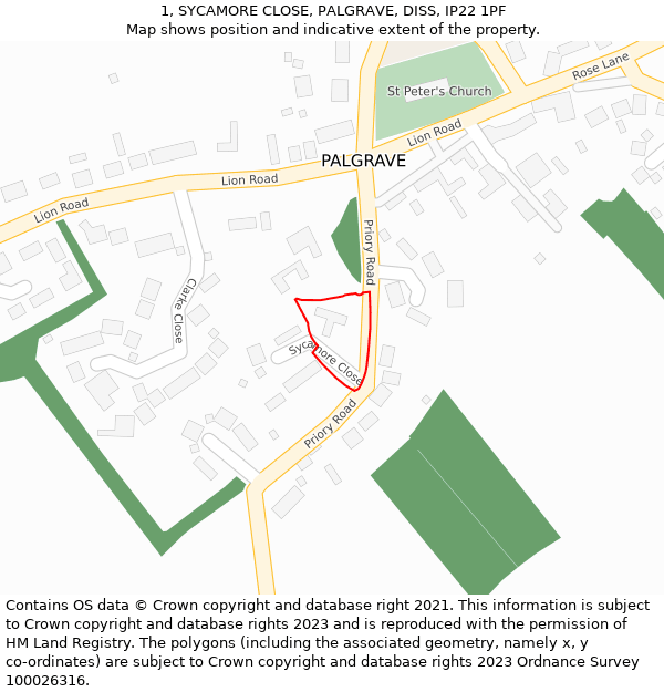 1, SYCAMORE CLOSE, PALGRAVE, DISS, IP22 1PF: Location map and indicative extent of plot