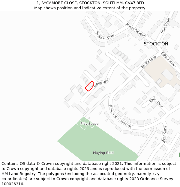 1, SYCAMORE CLOSE, STOCKTON, SOUTHAM, CV47 8FD: Location map and indicative extent of plot