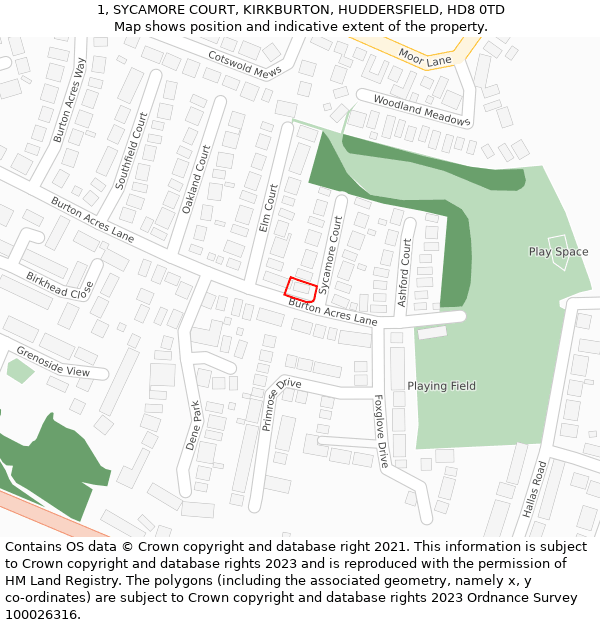 1, SYCAMORE COURT, KIRKBURTON, HUDDERSFIELD, HD8 0TD: Location map and indicative extent of plot