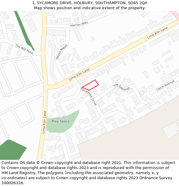 1, SYCAMORE DRIVE, HOLBURY, SOUTHAMPTON, SO45 2QA: Location map and indicative extent of plot