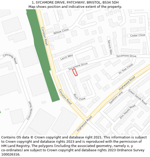 1, SYCAMORE DRIVE, PATCHWAY, BRISTOL, BS34 5DH: Location map and indicative extent of plot