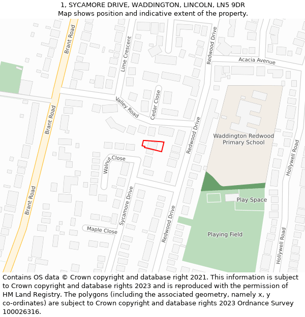 1, SYCAMORE DRIVE, WADDINGTON, LINCOLN, LN5 9DR: Location map and indicative extent of plot