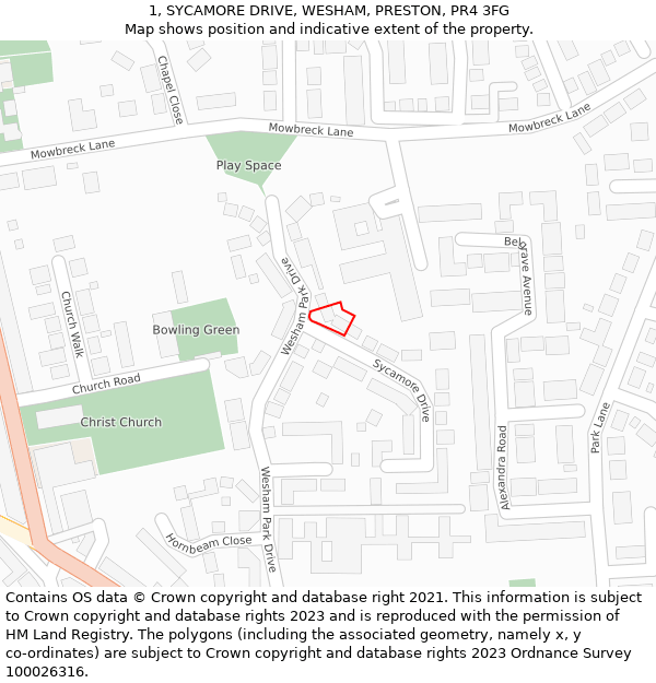 1, SYCAMORE DRIVE, WESHAM, PRESTON, PR4 3FG: Location map and indicative extent of plot