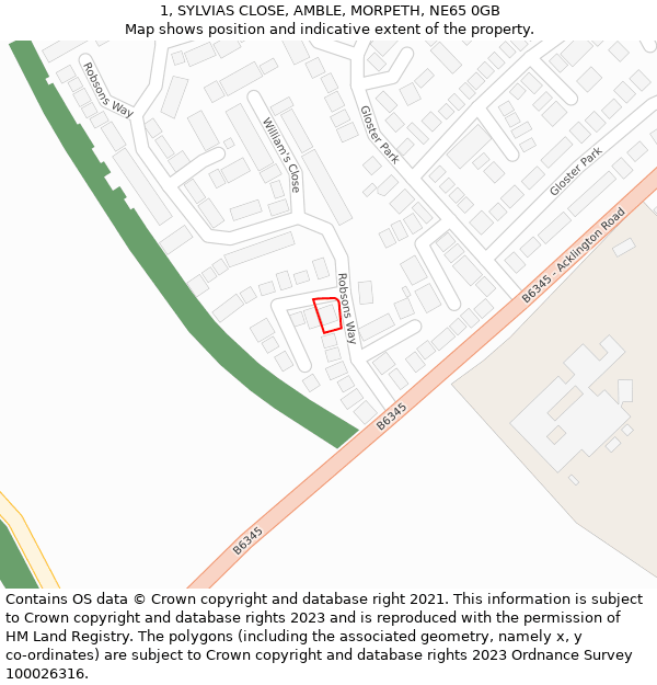 1, SYLVIAS CLOSE, AMBLE, MORPETH, NE65 0GB: Location map and indicative extent of plot