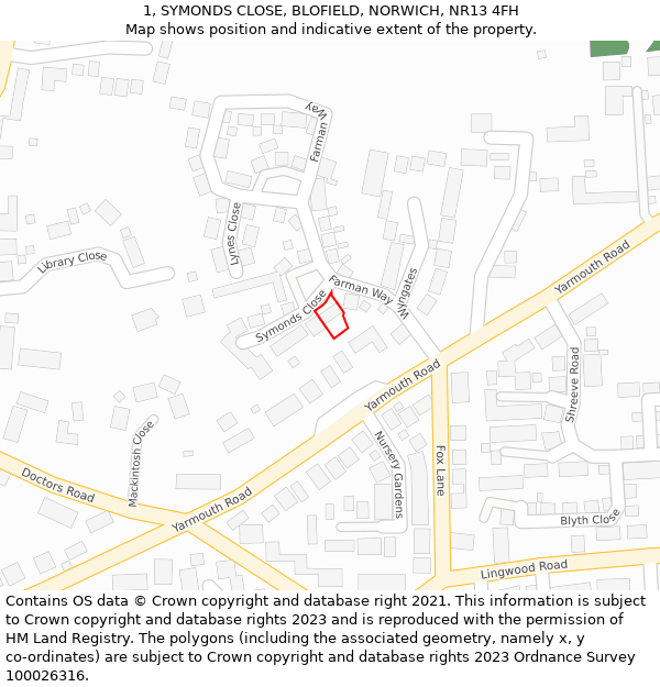 1, SYMONDS CLOSE, BLOFIELD, NORWICH, NR13 4FH: Location map and indicative extent of plot