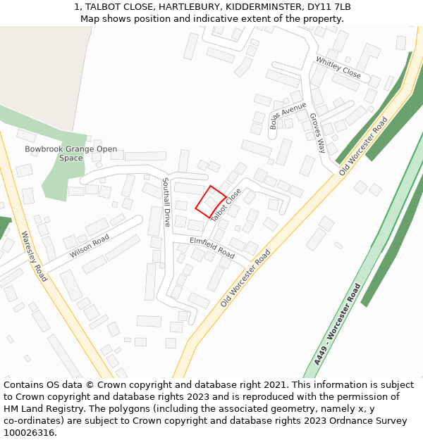 1, TALBOT CLOSE, HARTLEBURY, KIDDERMINSTER, DY11 7LB: Location map and indicative extent of plot