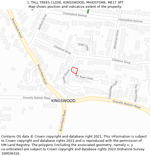 1, TALL TREES CLOSE, KINGSWOOD, MAIDSTONE, ME17 3PT: Location map and indicative extent of plot