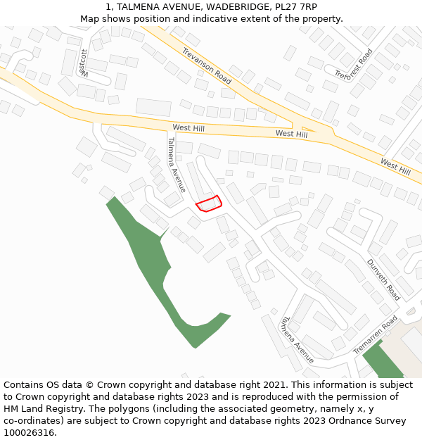 1, TALMENA AVENUE, WADEBRIDGE, PL27 7RP: Location map and indicative extent of plot