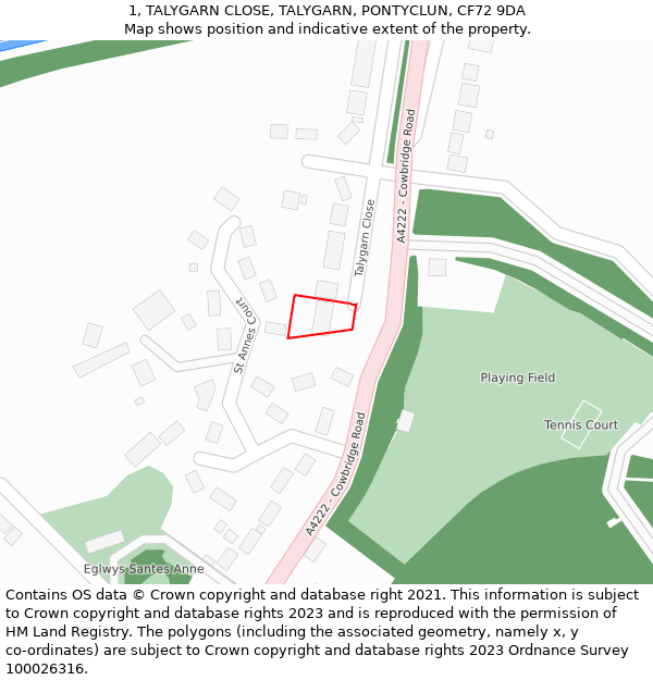 1, TALYGARN CLOSE, TALYGARN, PONTYCLUN, CF72 9DA: Location map and indicative extent of plot