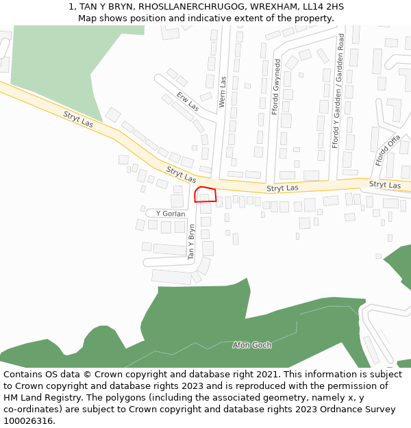 1, TAN Y BRYN, RHOSLLANERCHRUGOG, WREXHAM, LL14 2HS: Location map and indicative extent of plot