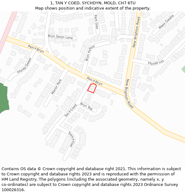 1, TAN Y COED, SYCHDYN, MOLD, CH7 6TU: Location map and indicative extent of plot