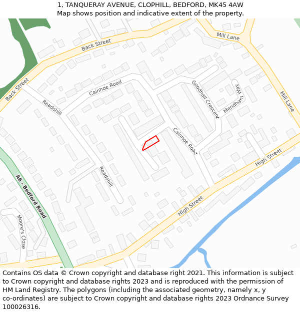 1, TANQUERAY AVENUE, CLOPHILL, BEDFORD, MK45 4AW: Location map and indicative extent of plot