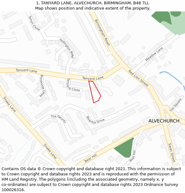 1, TANYARD LANE, ALVECHURCH, BIRMINGHAM, B48 7LL: Location map and indicative extent of plot