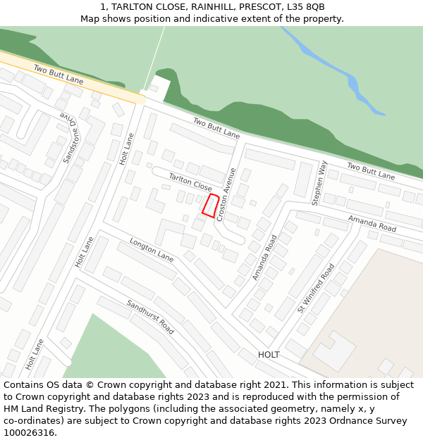 1, TARLTON CLOSE, RAINHILL, PRESCOT, L35 8QB: Location map and indicative extent of plot