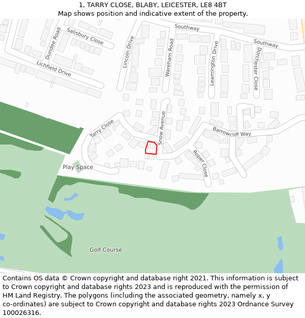 1, TARRY CLOSE, BLABY, LEICESTER, LE8 4BT: Location map and indicative extent of plot