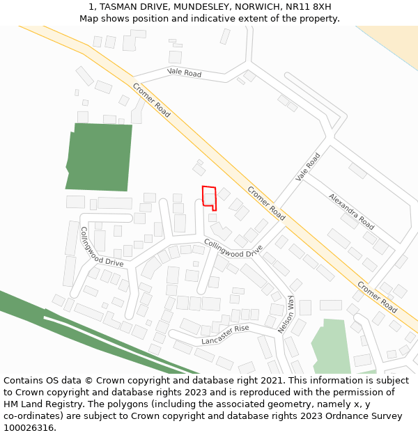 1, TASMAN DRIVE, MUNDESLEY, NORWICH, NR11 8XH: Location map and indicative extent of plot