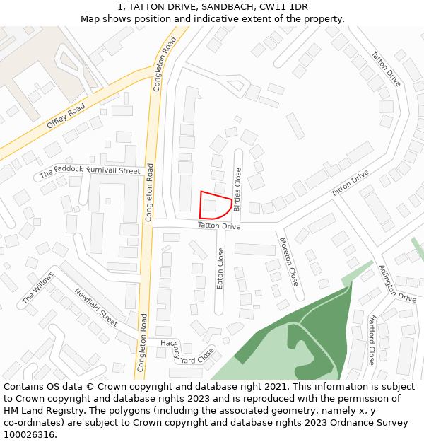 1, TATTON DRIVE, SANDBACH, CW11 1DR: Location map and indicative extent of plot