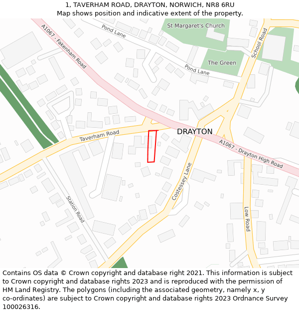 1, TAVERHAM ROAD, DRAYTON, NORWICH, NR8 6RU: Location map and indicative extent of plot