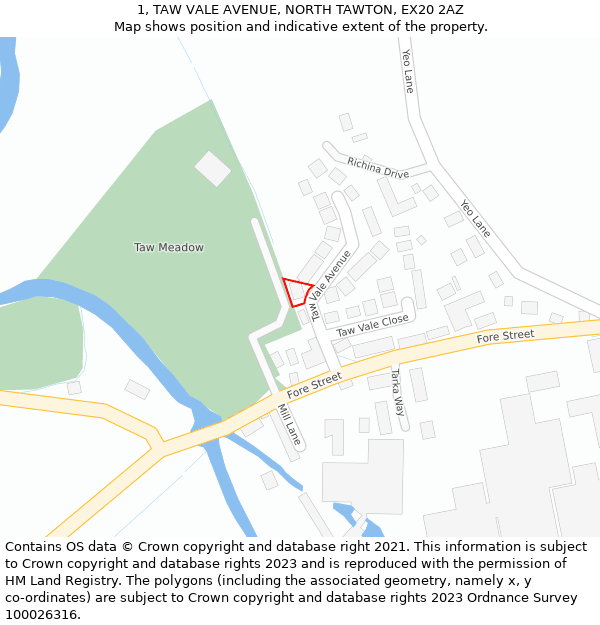 1, TAW VALE AVENUE, NORTH TAWTON, EX20 2AZ: Location map and indicative extent of plot