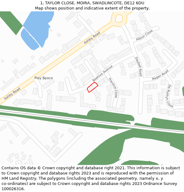 1, TAYLOR CLOSE, MOIRA, SWADLINCOTE, DE12 6DU: Location map and indicative extent of plot