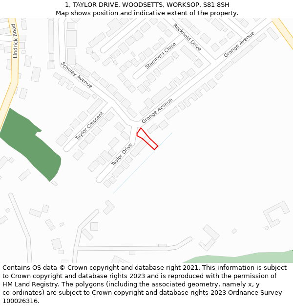 1, TAYLOR DRIVE, WOODSETTS, WORKSOP, S81 8SH: Location map and indicative extent of plot