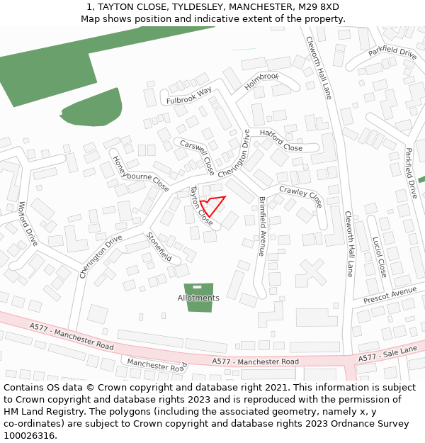 1, TAYTON CLOSE, TYLDESLEY, MANCHESTER, M29 8XD: Location map and indicative extent of plot