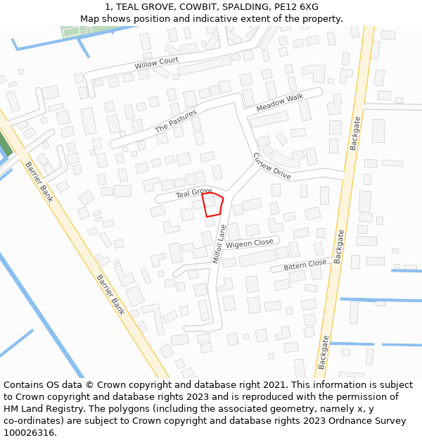 1, TEAL GROVE, COWBIT, SPALDING, PE12 6XG: Location map and indicative extent of plot