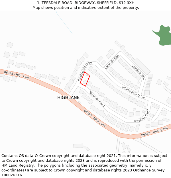 1, TEESDALE ROAD, RIDGEWAY, SHEFFIELD, S12 3XH: Location map and indicative extent of plot