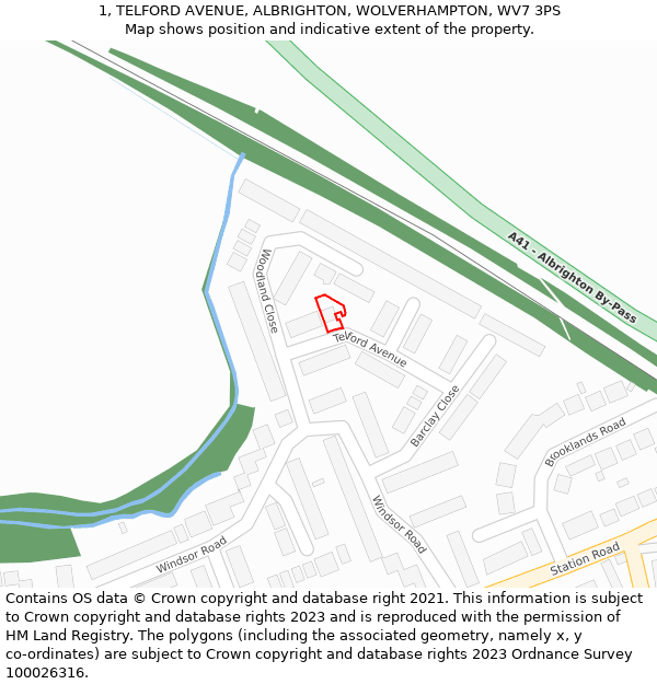 1, TELFORD AVENUE, ALBRIGHTON, WOLVERHAMPTON, WV7 3PS: Location map and indicative extent of plot