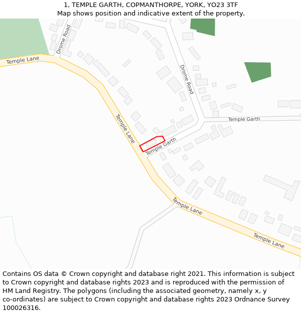 1, TEMPLE GARTH, COPMANTHORPE, YORK, YO23 3TF: Location map and indicative extent of plot