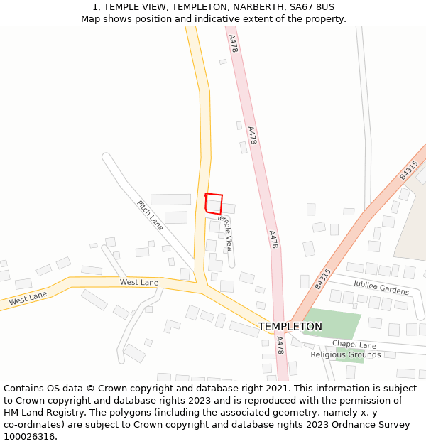 1, TEMPLE VIEW, TEMPLETON, NARBERTH, SA67 8US: Location map and indicative extent of plot