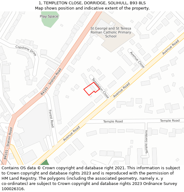 1, TEMPLETON CLOSE, DORRIDGE, SOLIHULL, B93 8LS: Location map and indicative extent of plot