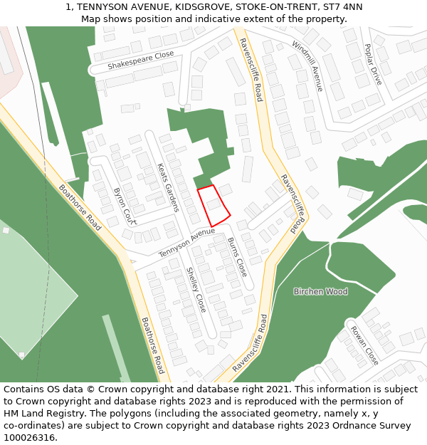 1, TENNYSON AVENUE, KIDSGROVE, STOKE-ON-TRENT, ST7 4NN: Location map and indicative extent of plot