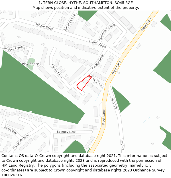 1, TERN CLOSE, HYTHE, SOUTHAMPTON, SO45 3GE: Location map and indicative extent of plot