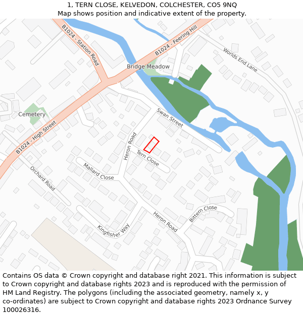 1, TERN CLOSE, KELVEDON, COLCHESTER, CO5 9NQ: Location map and indicative extent of plot