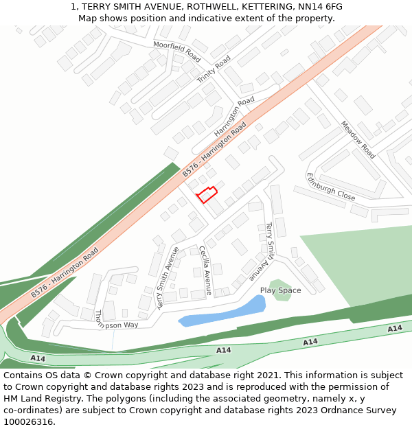 1, TERRY SMITH AVENUE, ROTHWELL, KETTERING, NN14 6FG: Location map and indicative extent of plot