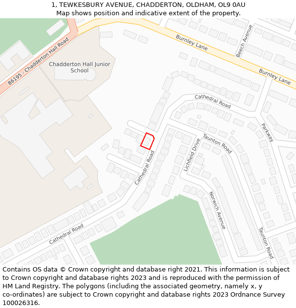 1, TEWKESBURY AVENUE, CHADDERTON, OLDHAM, OL9 0AU: Location map and indicative extent of plot