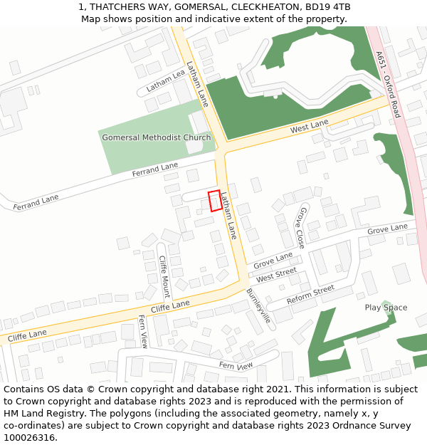 1, THATCHERS WAY, GOMERSAL, CLECKHEATON, BD19 4TB: Location map and indicative extent of plot