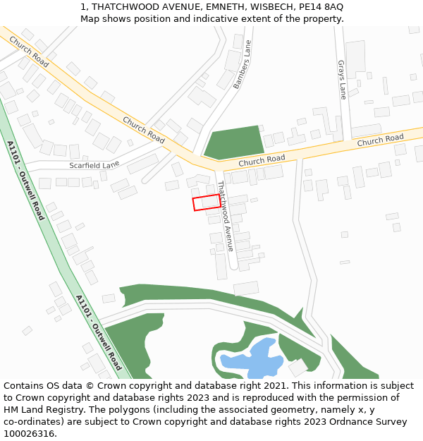 1, THATCHWOOD AVENUE, EMNETH, WISBECH, PE14 8AQ: Location map and indicative extent of plot