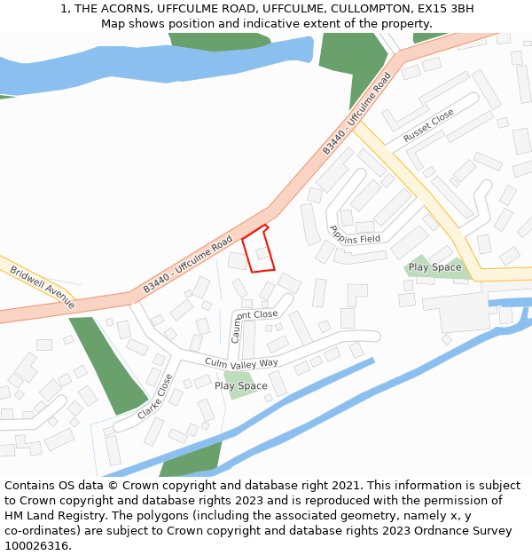 1, THE ACORNS, UFFCULME ROAD, UFFCULME, CULLOMPTON, EX15 3BH: Location map and indicative extent of plot