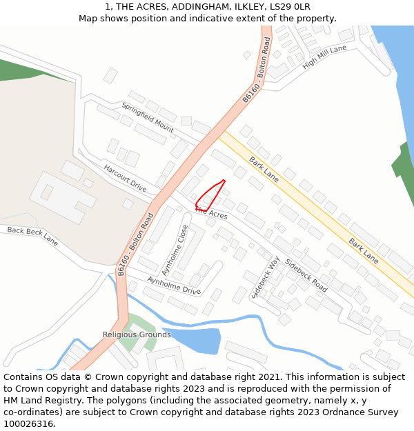 1, THE ACRES, ADDINGHAM, ILKLEY, LS29 0LR: Location map and indicative extent of plot