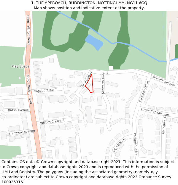 1, THE APPROACH, RUDDINGTON, NOTTINGHAM, NG11 6GQ: Location map and indicative extent of plot