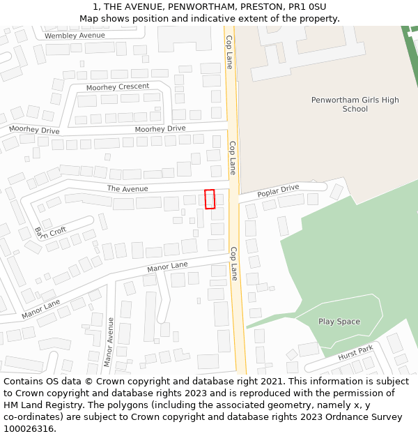 1, THE AVENUE, PENWORTHAM, PRESTON, PR1 0SU: Location map and indicative extent of plot