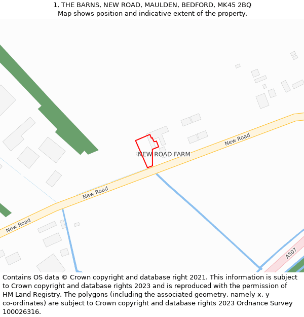 1, THE BARNS, NEW ROAD, MAULDEN, BEDFORD, MK45 2BQ: Location map and indicative extent of plot