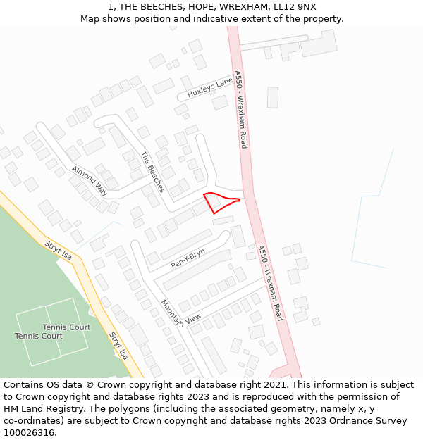 1, THE BEECHES, HOPE, WREXHAM, LL12 9NX: Location map and indicative extent of plot