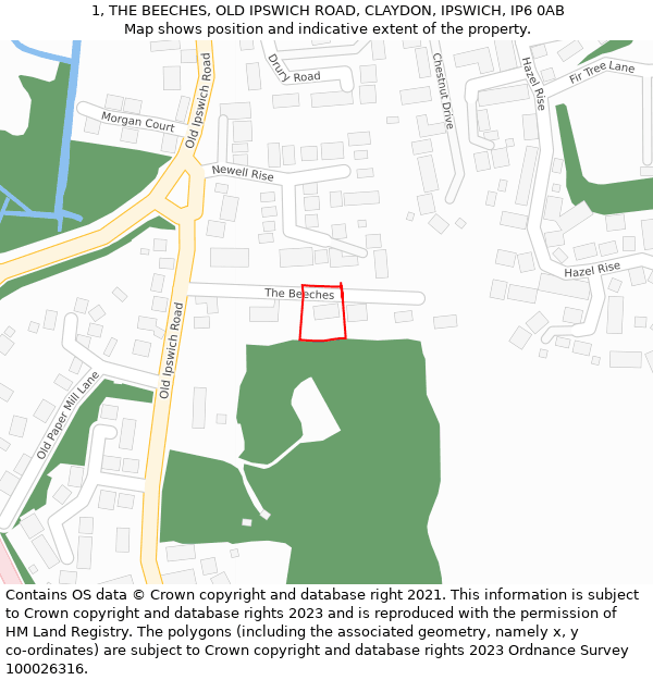 1, THE BEECHES, OLD IPSWICH ROAD, CLAYDON, IPSWICH, IP6 0AB: Location map and indicative extent of plot